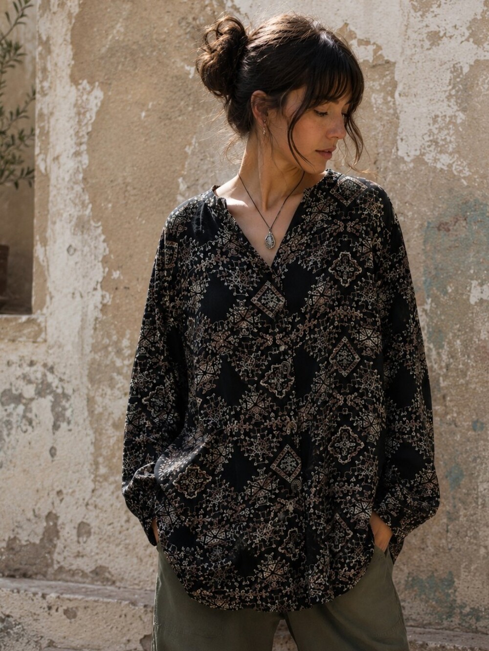 Vtg 90s Chico's Black Geometric Tribal Artsy Button-Front Blouse Cardigan Large